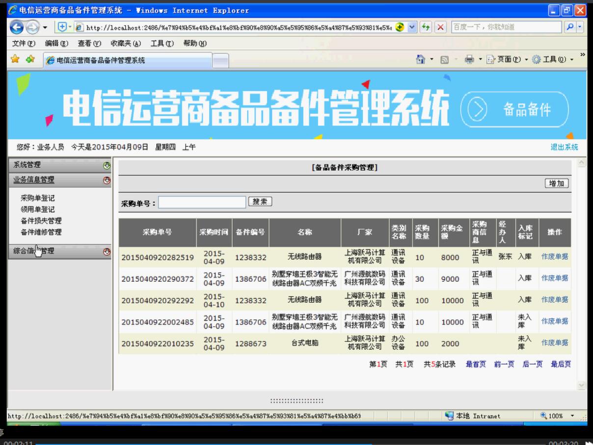 asp.net1746电信运营商备件配件采购报损管理系统（无论文）计算机毕业设计